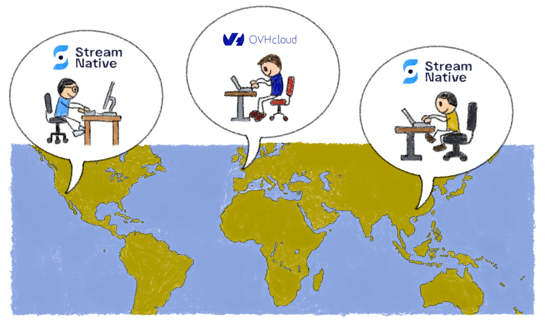 drawing of map, streamnative logo and ovhcloud logo