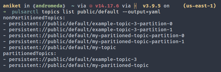 YAML output of topics list command