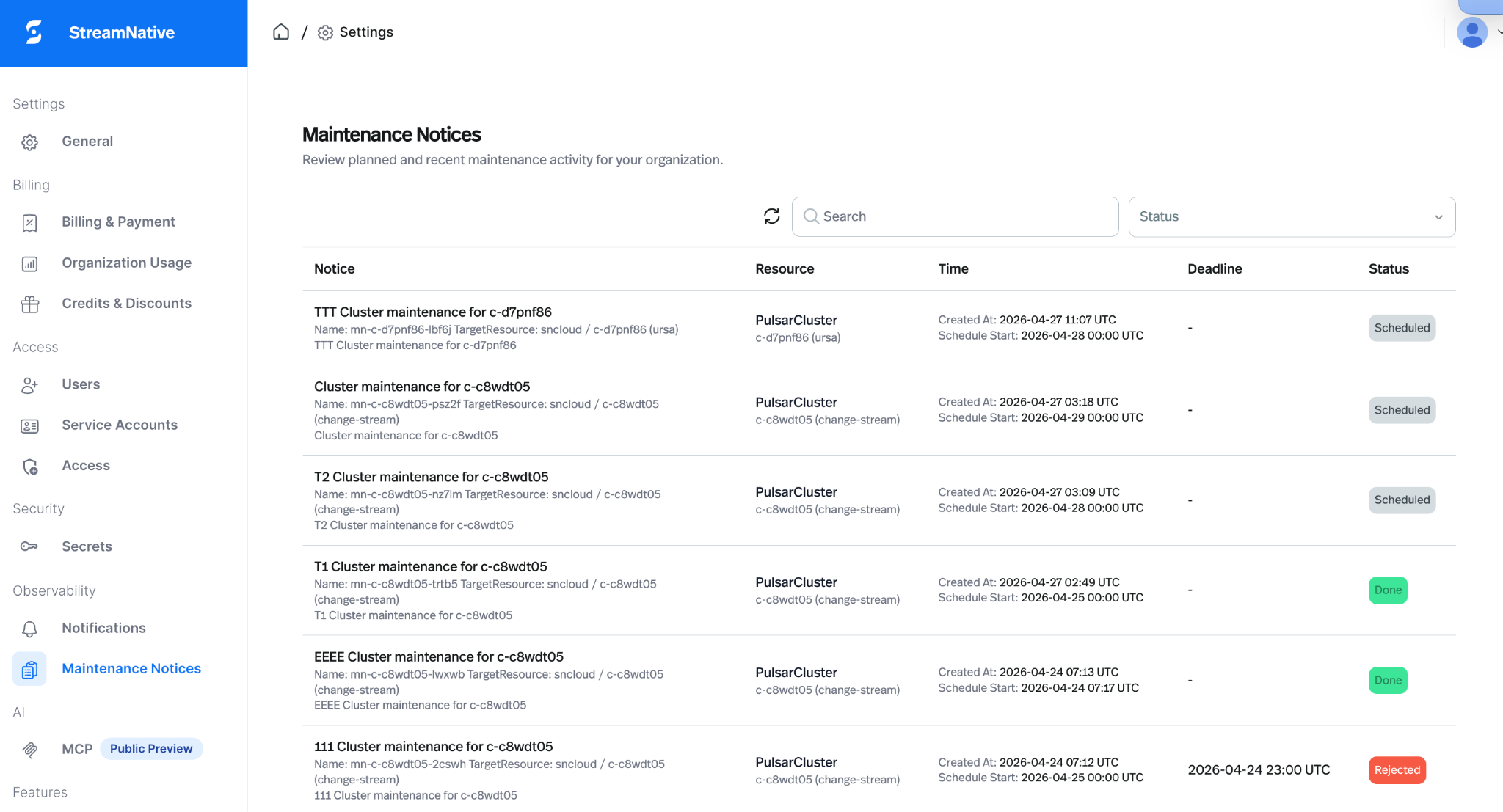 Maintenance Notices page in the StreamNative Cloud Console