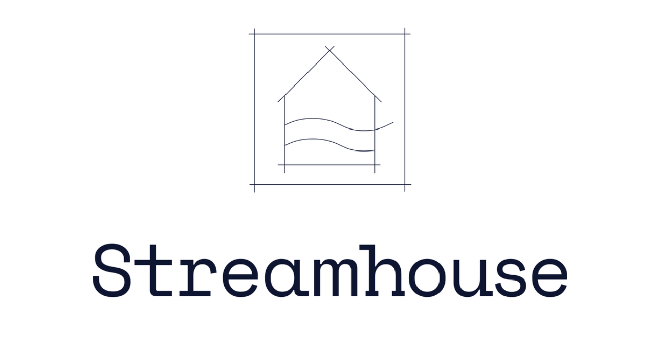 Streamhouse wordmark beneath a line drawing of a house with two streams passing through it.
