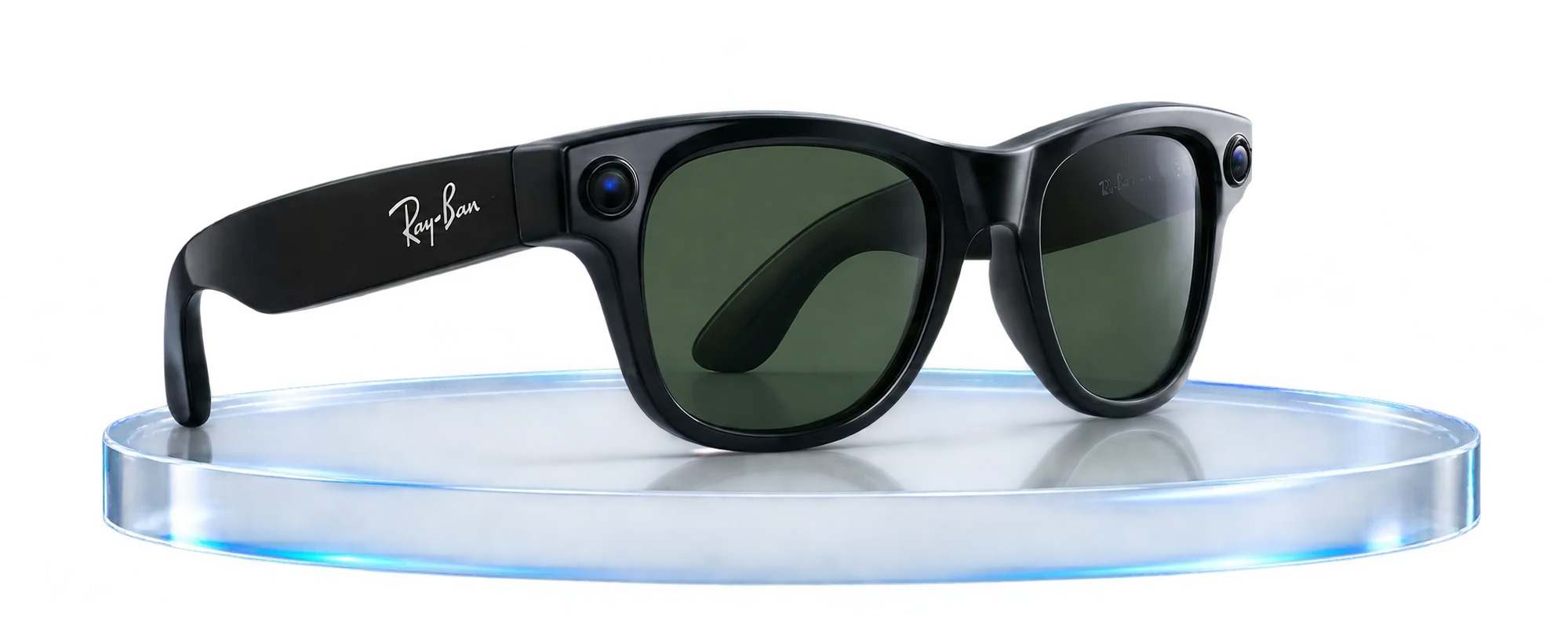 Ray-Ban Meta smart glasses on an illuminated display stand